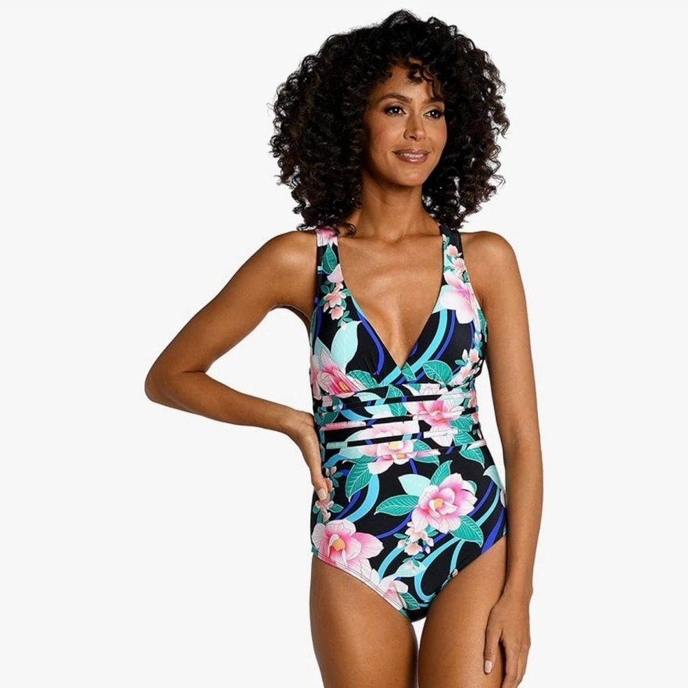 La Blanca Women's Cross Back One Piece Swimsuit Black/Nightfall Blooms size 18W